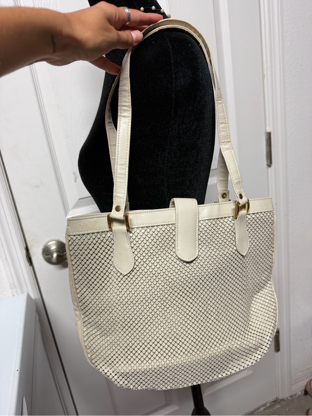 Whiting & Davis Cream Woven Tote Bag with Gold Hardware